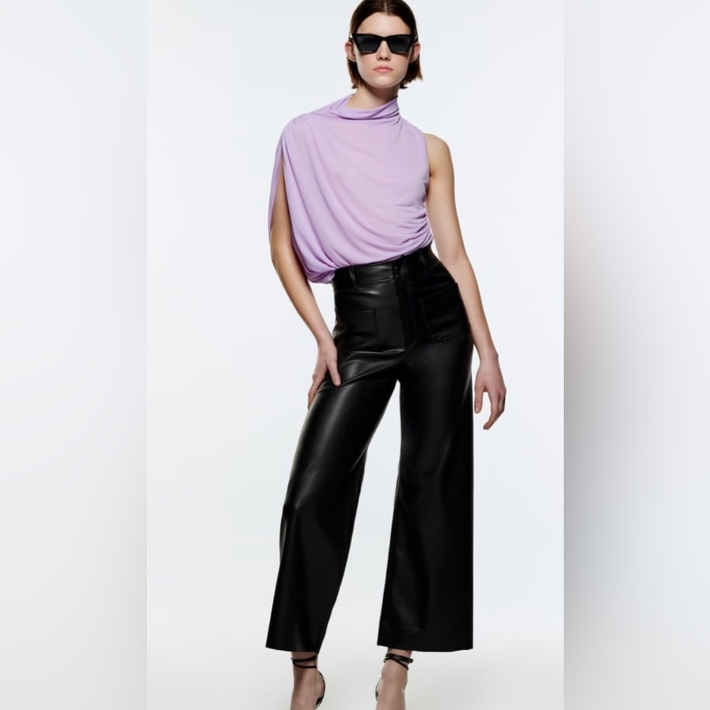 ZARA Faux Leather The Patch Pocket Marine Straight Wide Leg Size 4 Length 28”